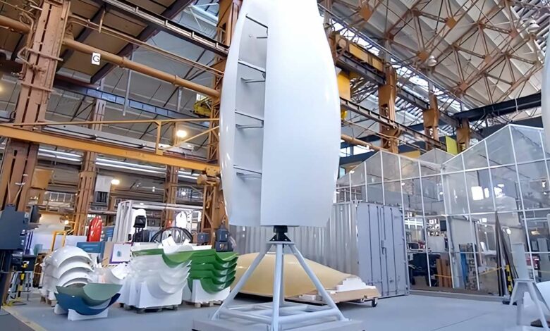 Une éolienne verticale Flower turbines en test dans les ateliers.