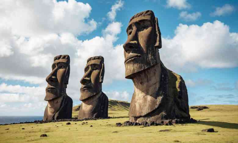 Les immenses statues moai de l'ile de Pâques, monuments typiques et historiques de cette ile de l'océan Pacifique.