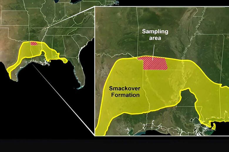 La zone d'échantillonnage est située dans la partie inférieure de l'Arkansas (mise en évidence par des bandes rouges).