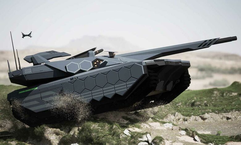 Un tank en mouvement sur le terrain.