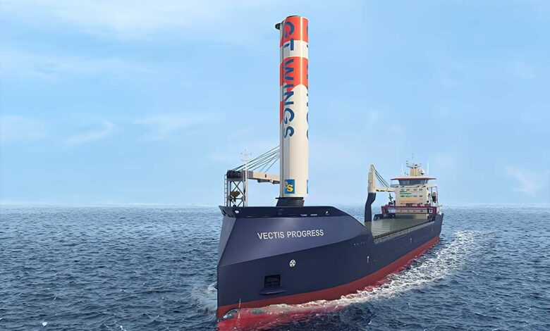 Un bateau cargo propulsé avec le système AirWing.