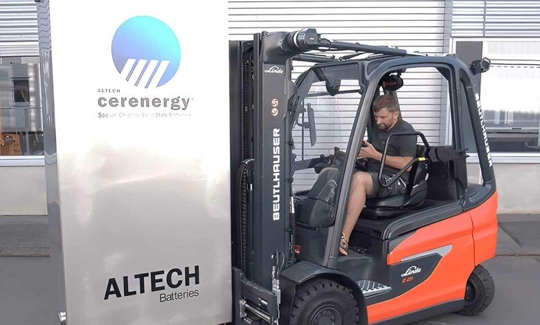 Le prototype de batterie Altech lors de son transport pour effectuer des tests en Allemagne.