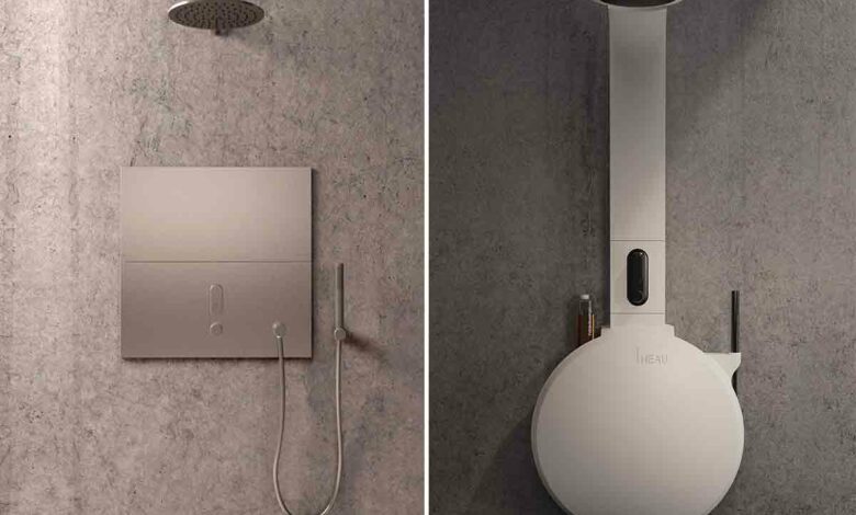 Le système de douche Heau peut être encastré ou bien installé avec un modèle de surface.