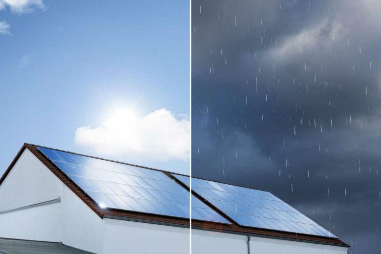 Un toit avec des panneaux solaires par beau temps et sous la pluie.