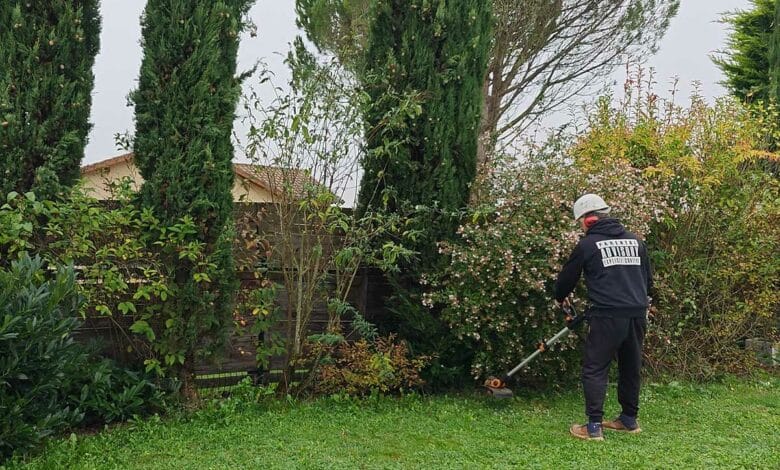 Un homme passe la débroussailleuse.