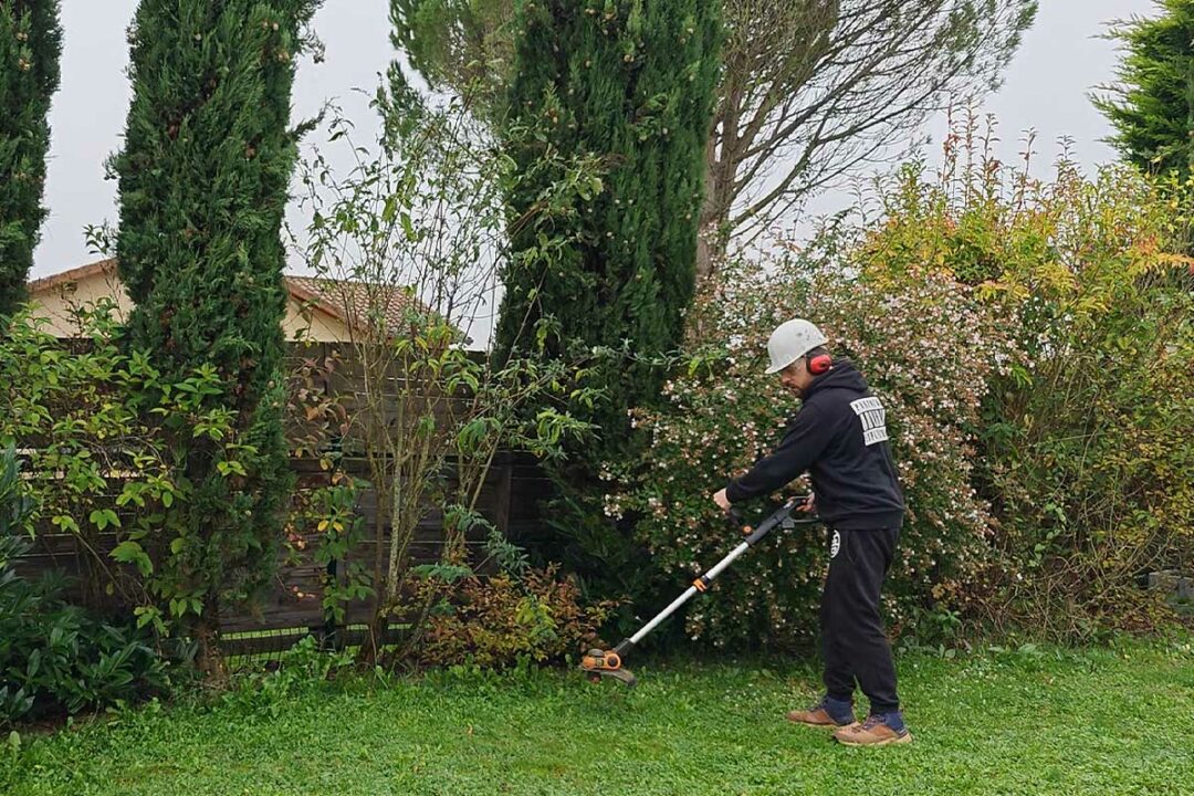 Un homme débroussaille son jardin.