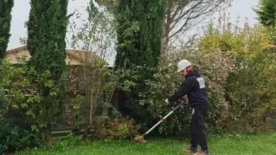 Un homme débroussaille son jardin.