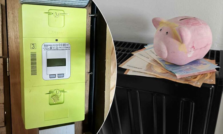 Un compteur Linky et une tirelire cochon avec de l'argent.