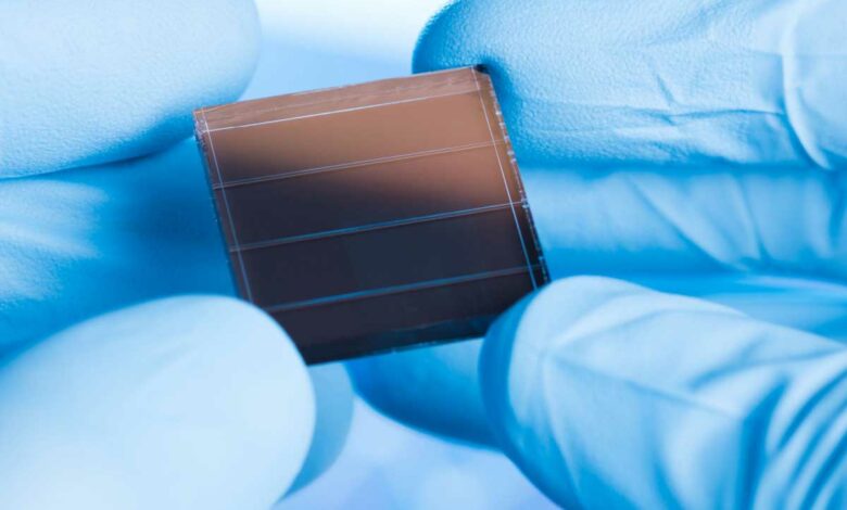 Une cellule solaire tenue par un chercheur.