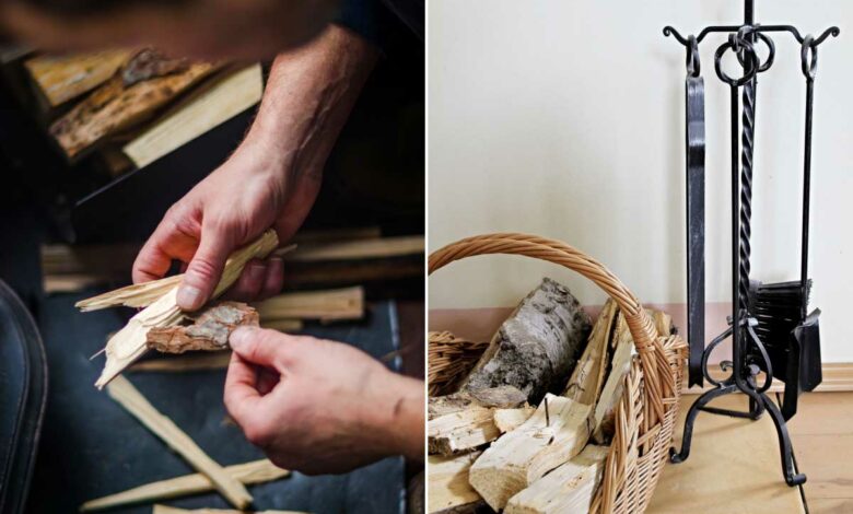 Préparation de petit bois et accessoires de cheminée.