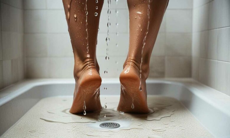 Une personne prend une douche.