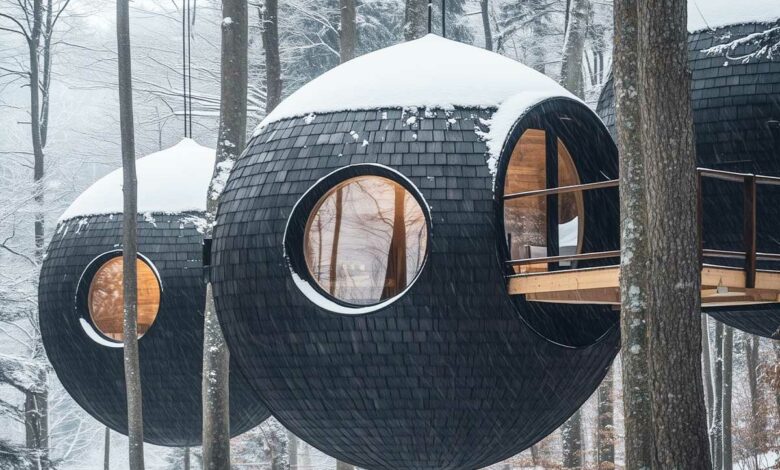 Des cabanes en forme de bulles dans les arbres.