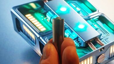 Une pile actuelle devant une image de batterie quantique.