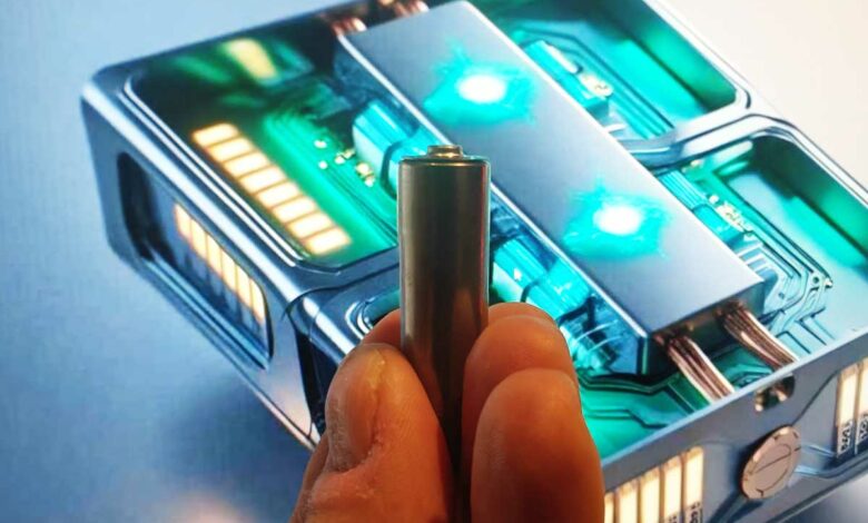 Une pile actuelle devant une image de batterie quantique.
