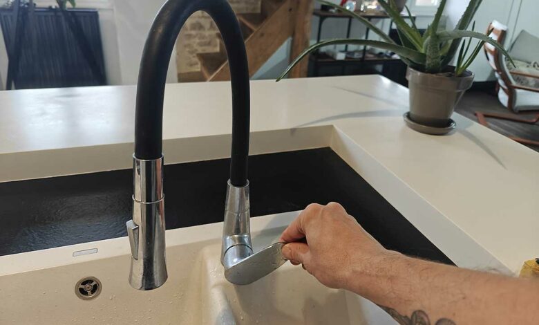Un robinet de cuisine avec un mitigeur.