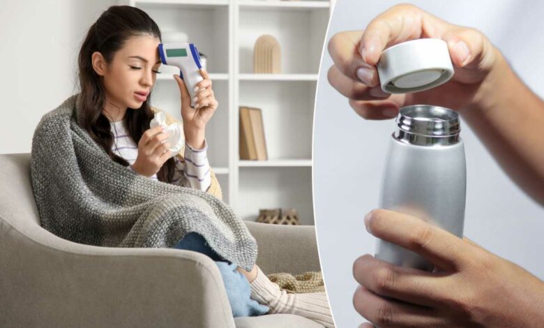 Une jeune femme malade et une gourde.
