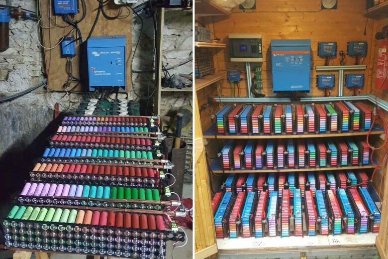 Des racks de batteries de PC portable recyclées.
