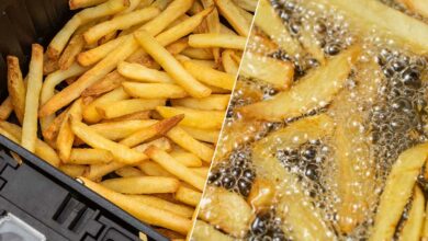 Des frites cuites à l'airfryer et à la friteuse à huile.