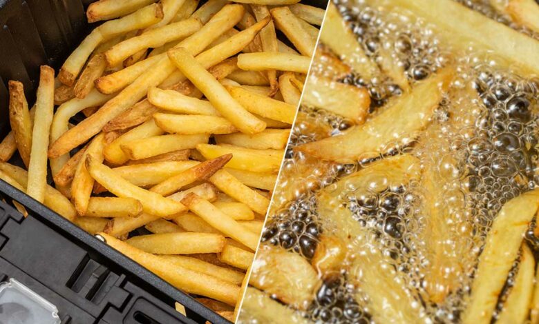 Des frites cuites à l'airfryer et à la friteuse à huile.