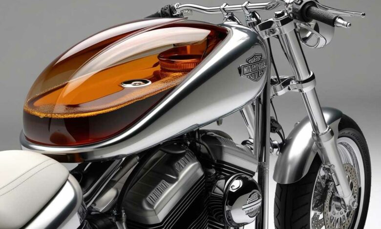 Une moto avec un réservoir de carburant transparent.