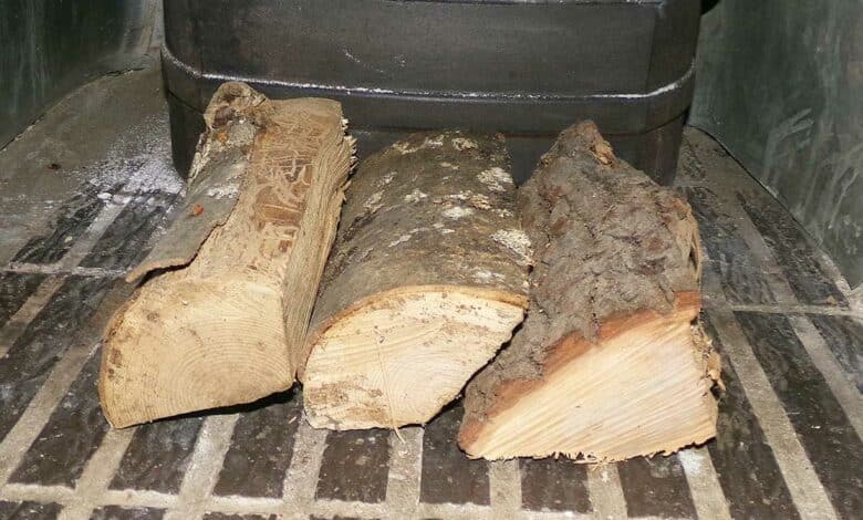 Des buches devant un poêle à bois.