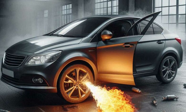Une voiture qui lance des flammes.