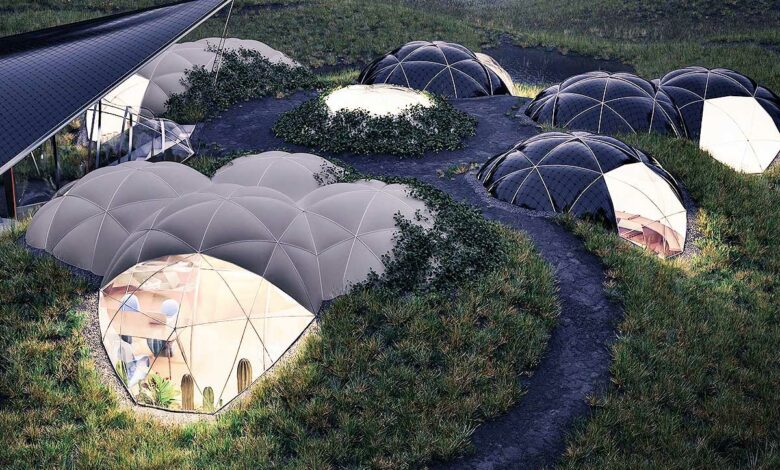 Un concept d'habitat semi-enterré avec des structures gonflables.