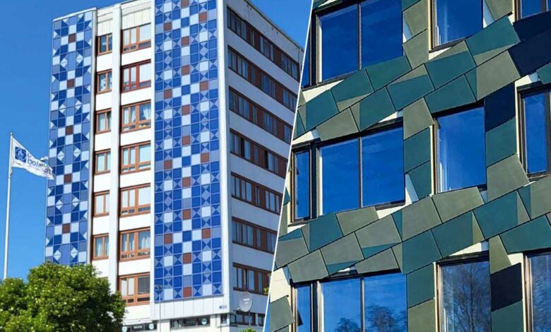 Des bâtiments avec une façade en panneaux solaires intégrés.
