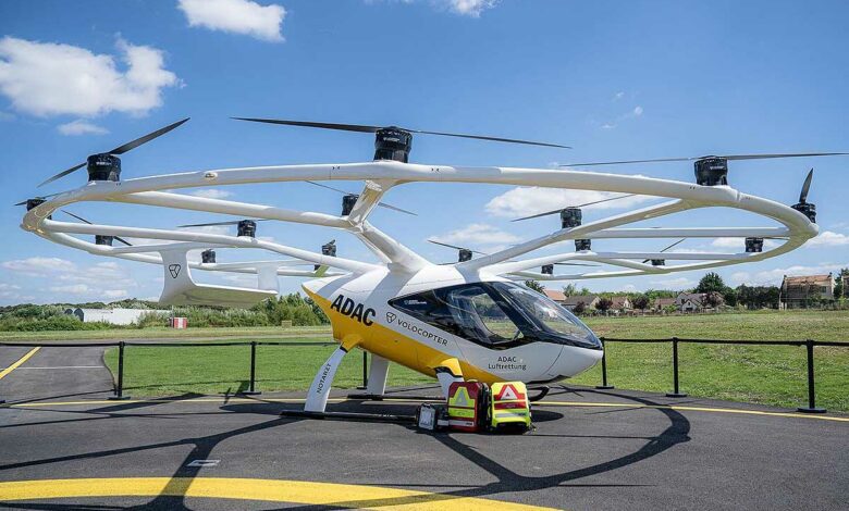 Un taxi volant Volocopter lors d'un salon aéronautique.