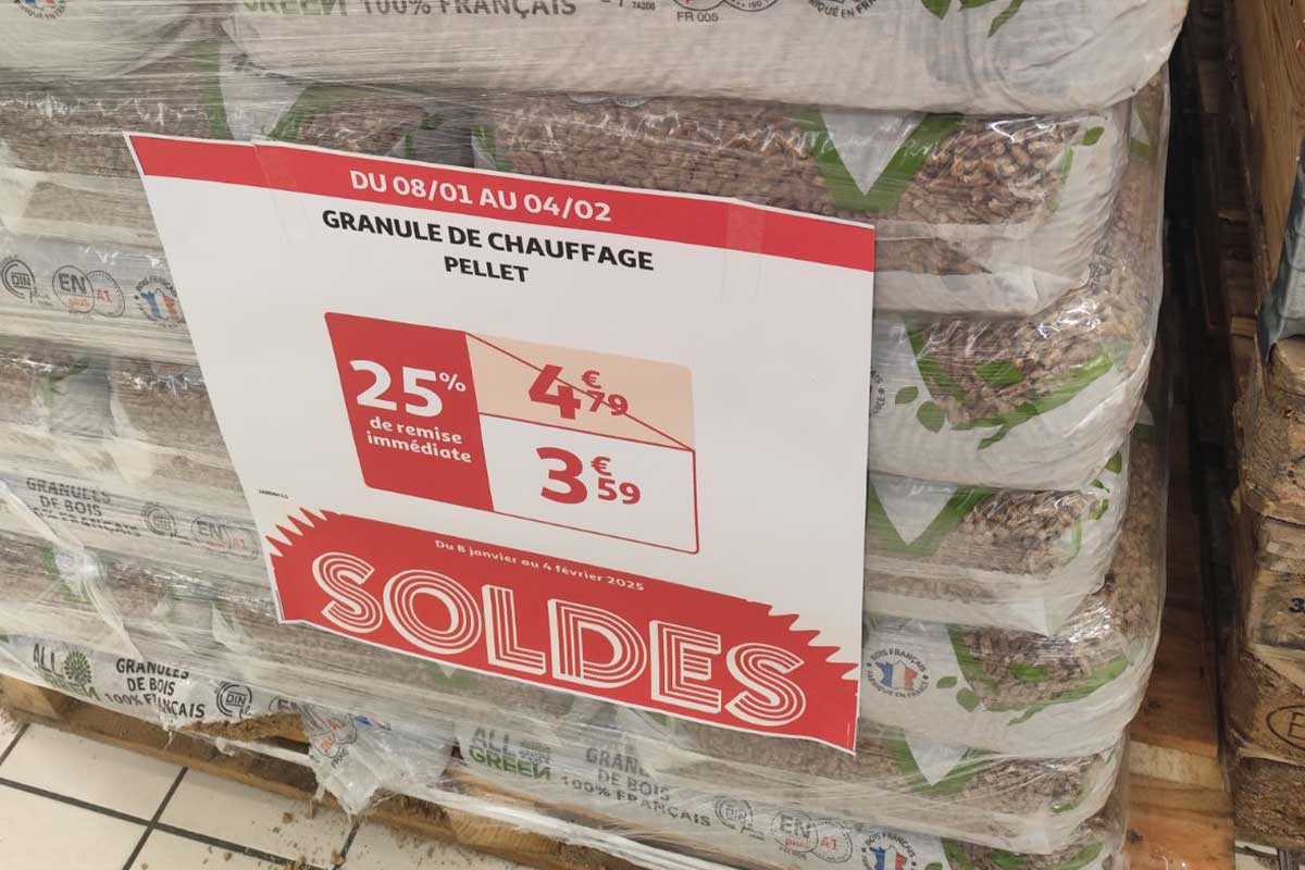 Des sacs de granulés moins chers que Leclerc (3,79 €), chez Auchan Castres 81100 (3,59 €).