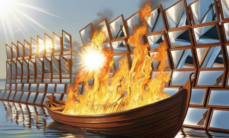 Un bateau prend feu avec les rayons solaire reflétés par des miroirs.