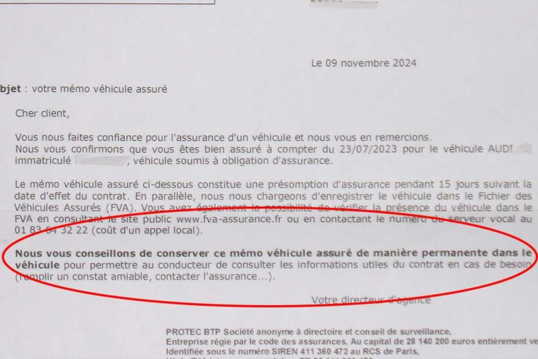 Un Mémo Véhicule Assuré qui conseille de garder le document dans son véhicule.
