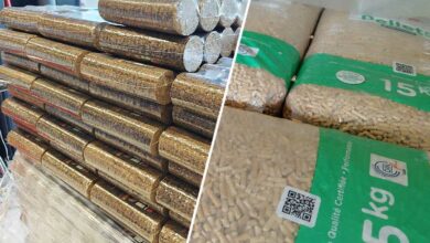 Des buches de bois compressées et des pellets.