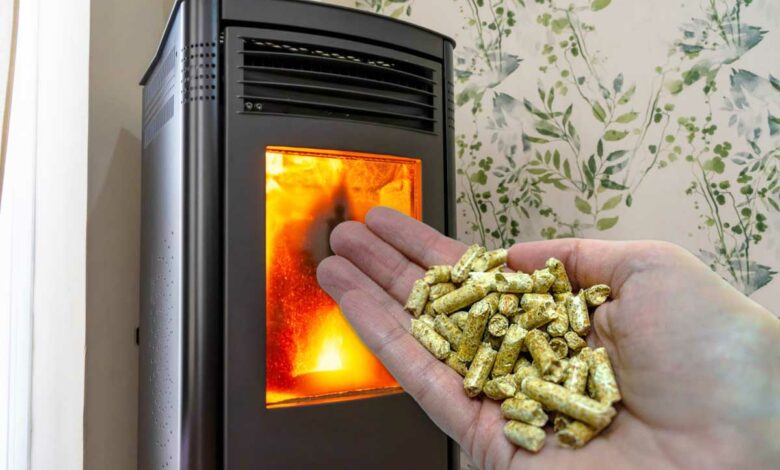 Une main avec des pellets devant un poêle.