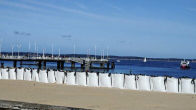 Des sacs de sable en ligne sur une plage.