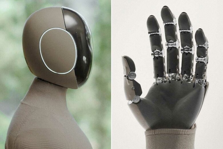 La tête de profil et la main du robot humanoïde NEO Gamma de 1X.