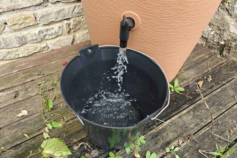 De l'eau coule du robinet d'un récupérateur d'eau de pluie.