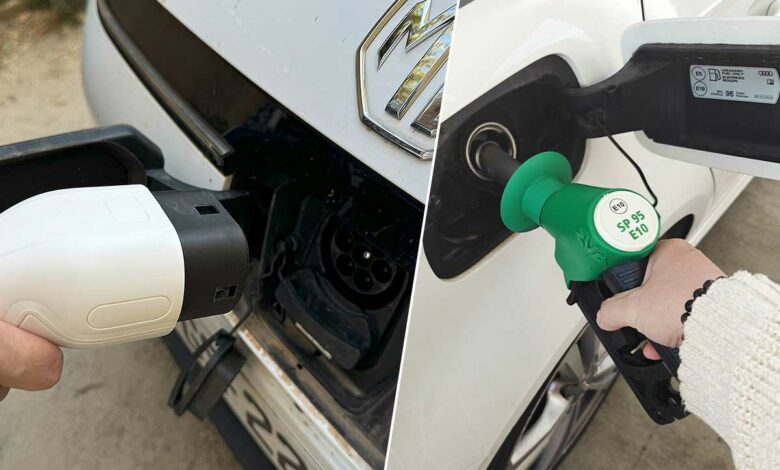Une recharge de voiture électrique et un plein de voiture thermique.