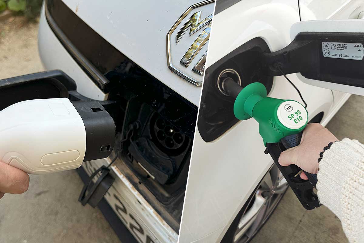 Une recharge de voiture électrique et un plein de voiture thermique.