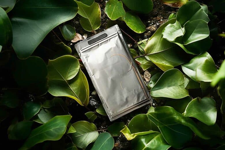 Une batterie posée dans des feuilles de plantes.