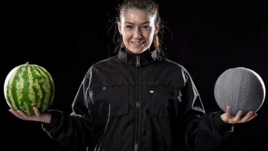 Une femme tient deux pastèques dont une recouverte d'un revêtement résistant.