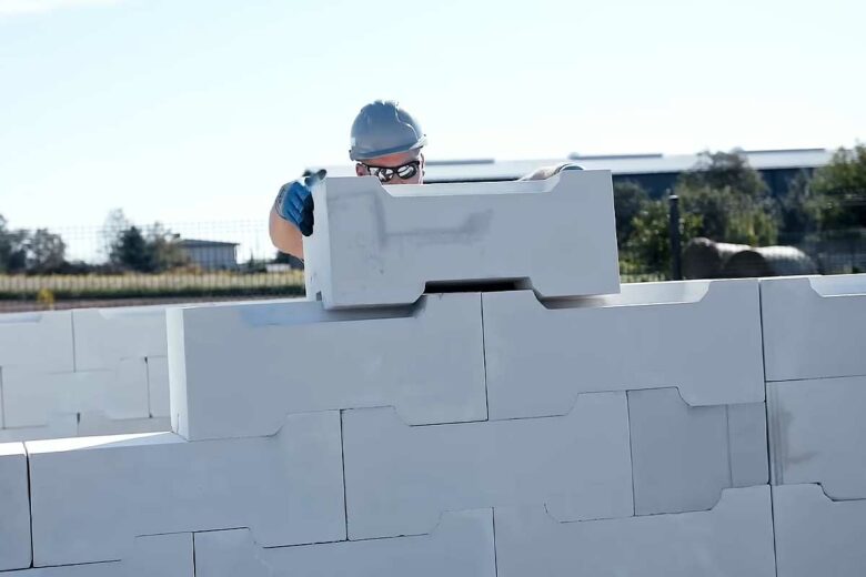 Un homme pose des blocs de construction.