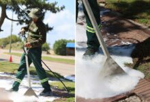 Un agent municipal désherbe avec le Foamstream.