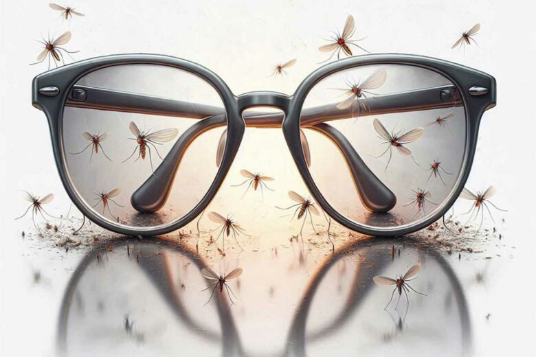 Des moustiques volent autour d'une paire de lunettes.