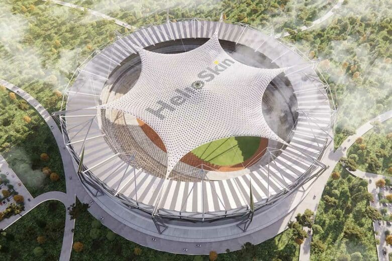 Une structure flexible photovoltaïque d'ombrage dans un stade.