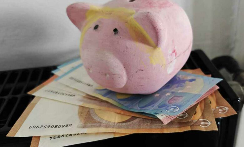 Une tirelire et quelques billets.