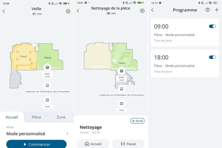 L’app eufy permet de suivre en direct le nettoyage pièce par pièce du E20 3-en-1.