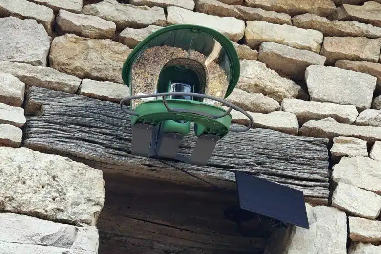 La mangeoire connectée installée sur un mur.