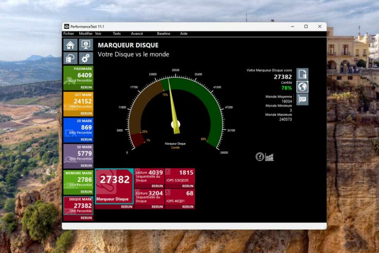 Le benchmark du disque dur SSD avec Passmark.