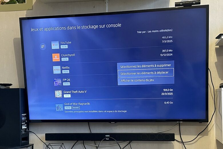 Interface de gestion du stockage sur PS5 montrant le Lexar Play 2280 SSD 4 To comme nouvel espace disponible.